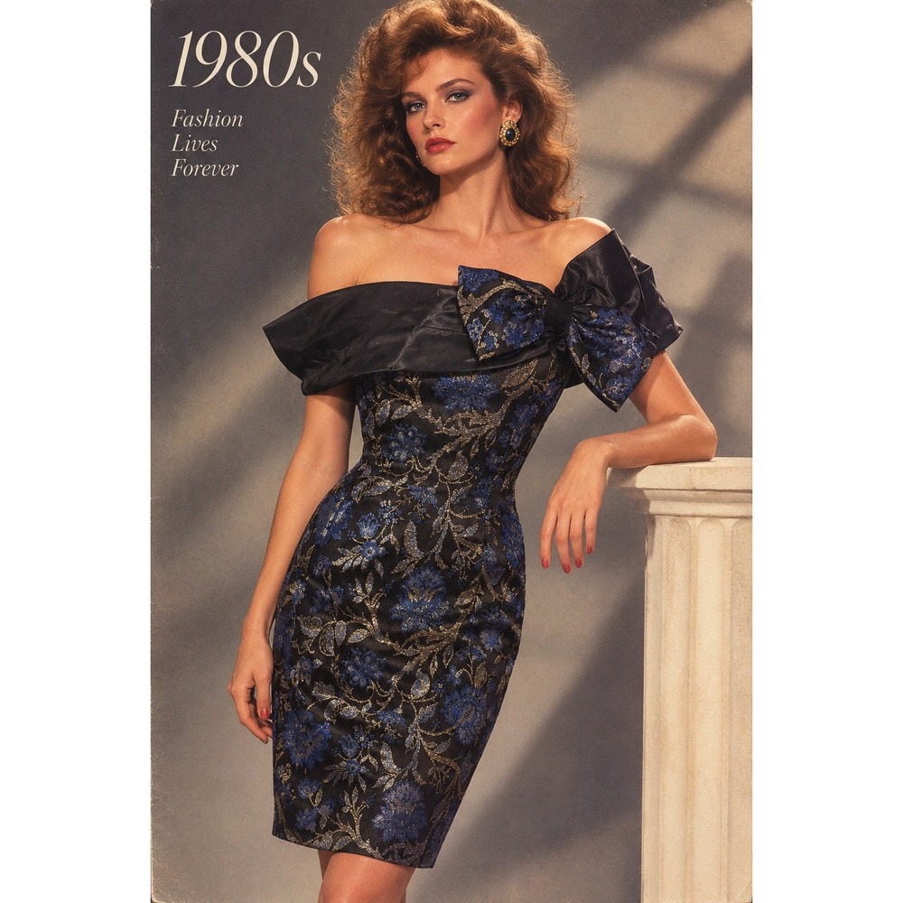 Vintage Jessica McClintock Gunne Sax 80s Brocade Off Shoulder Bow Dress Blue